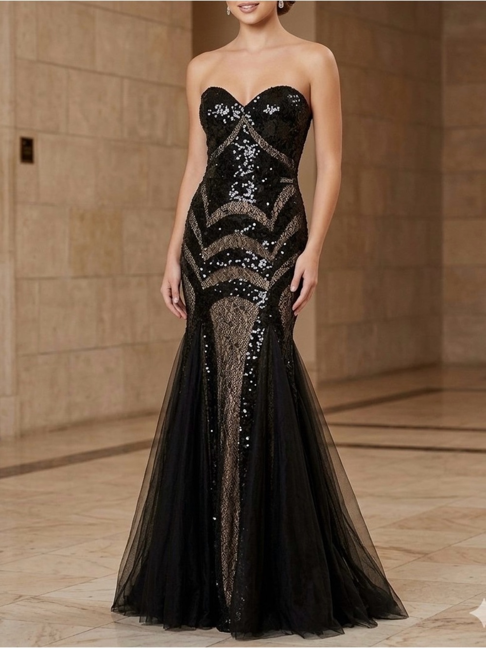 NWT Jovani Strapless Black Sequin Lace Tulle Mermaid Evening Dress Size 2